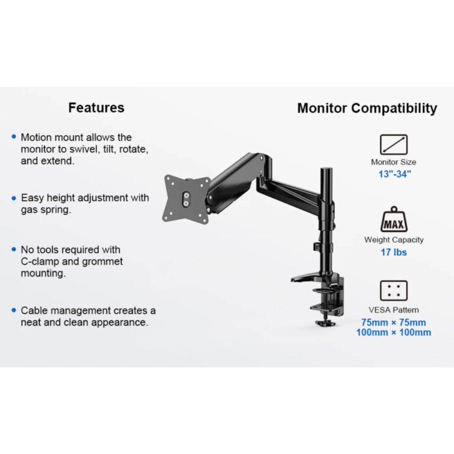 Ergoav Gas Spring Desk Mount for Single Monitors 13" to 34" and up to 17Lbs