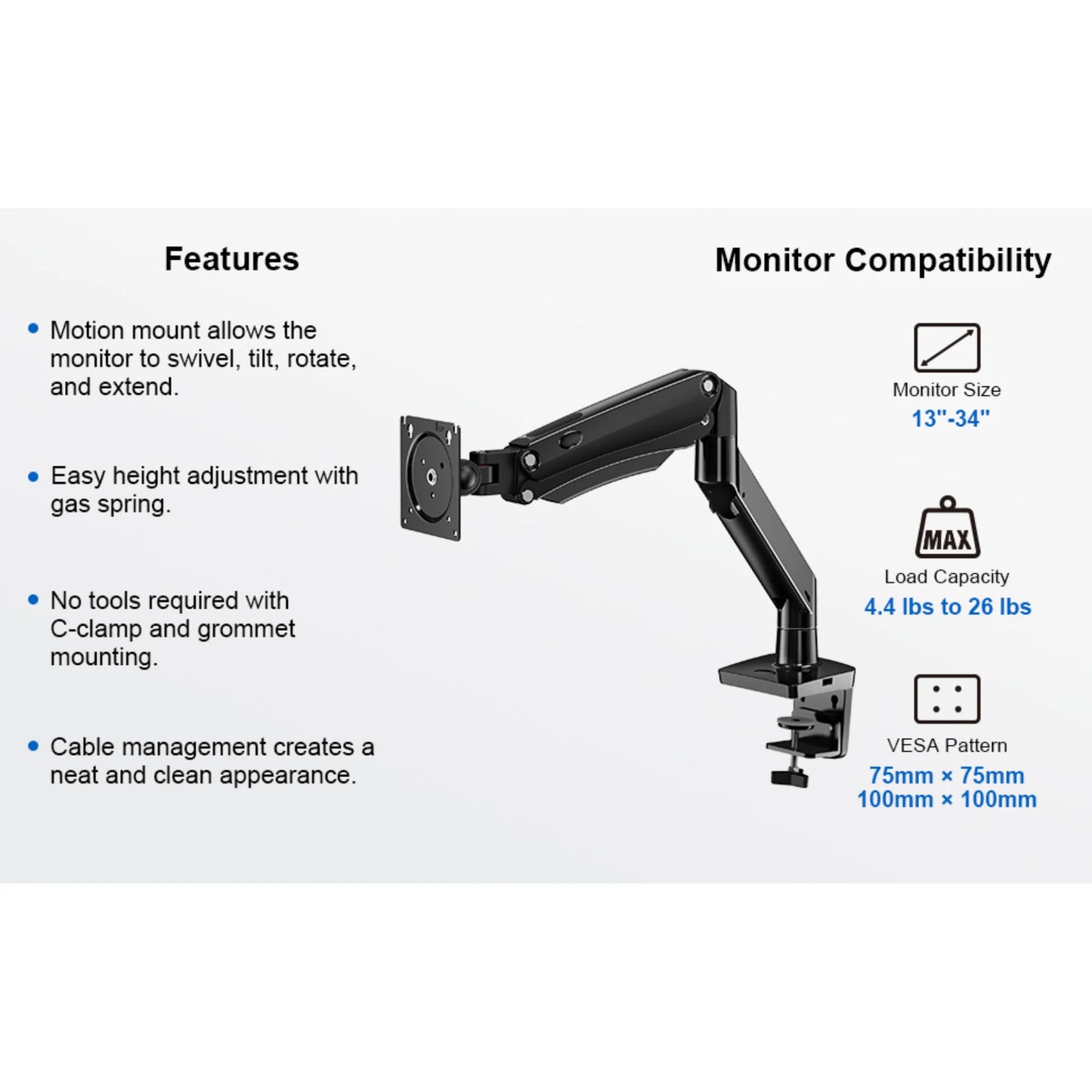 Ergoav Gas Spring Desk Mount for Single Monitors 13" to 34" and up to 26Lbs