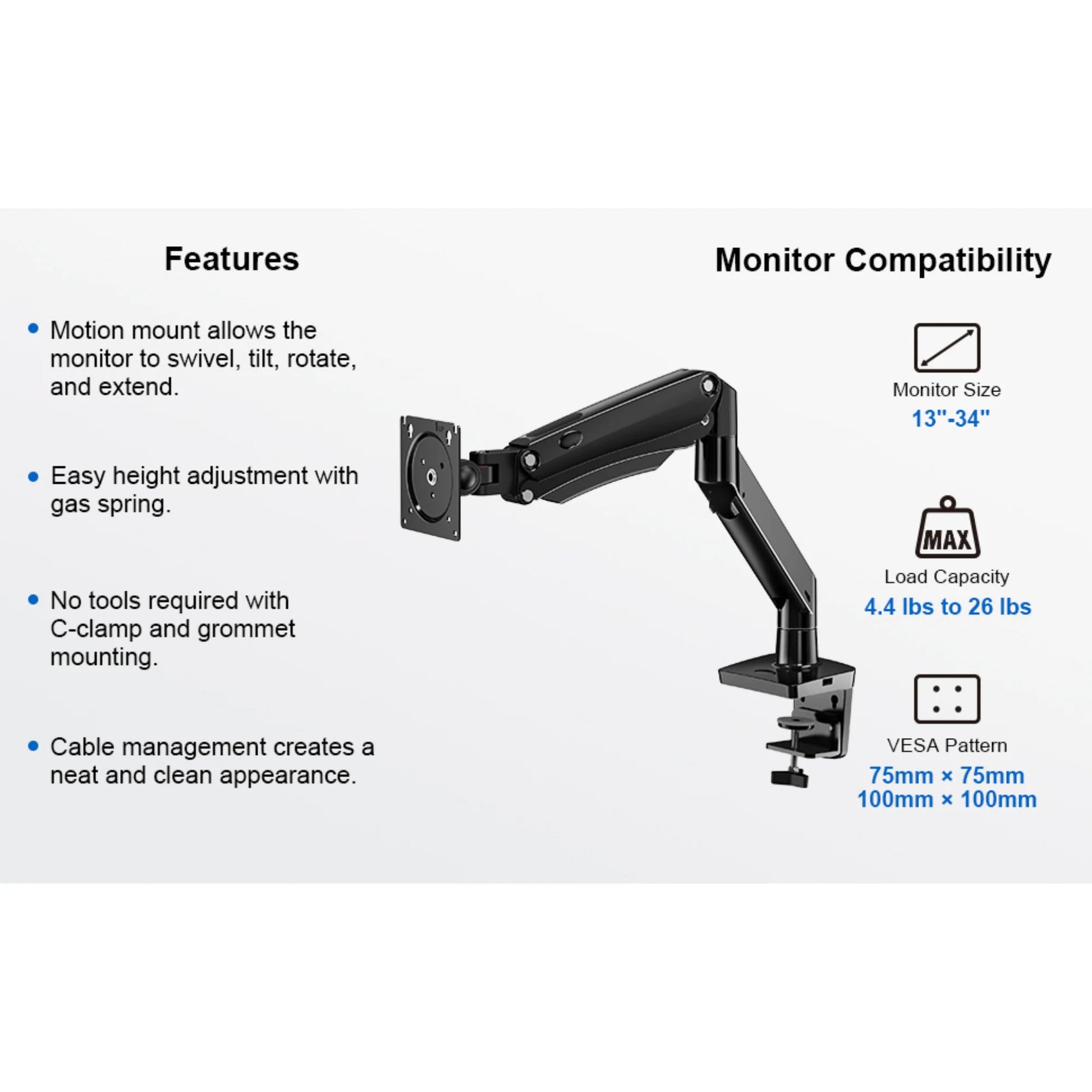 Ergoav Gas Spring Desk Mount for Single Monitors 13" to 34" and up to 26Lbs